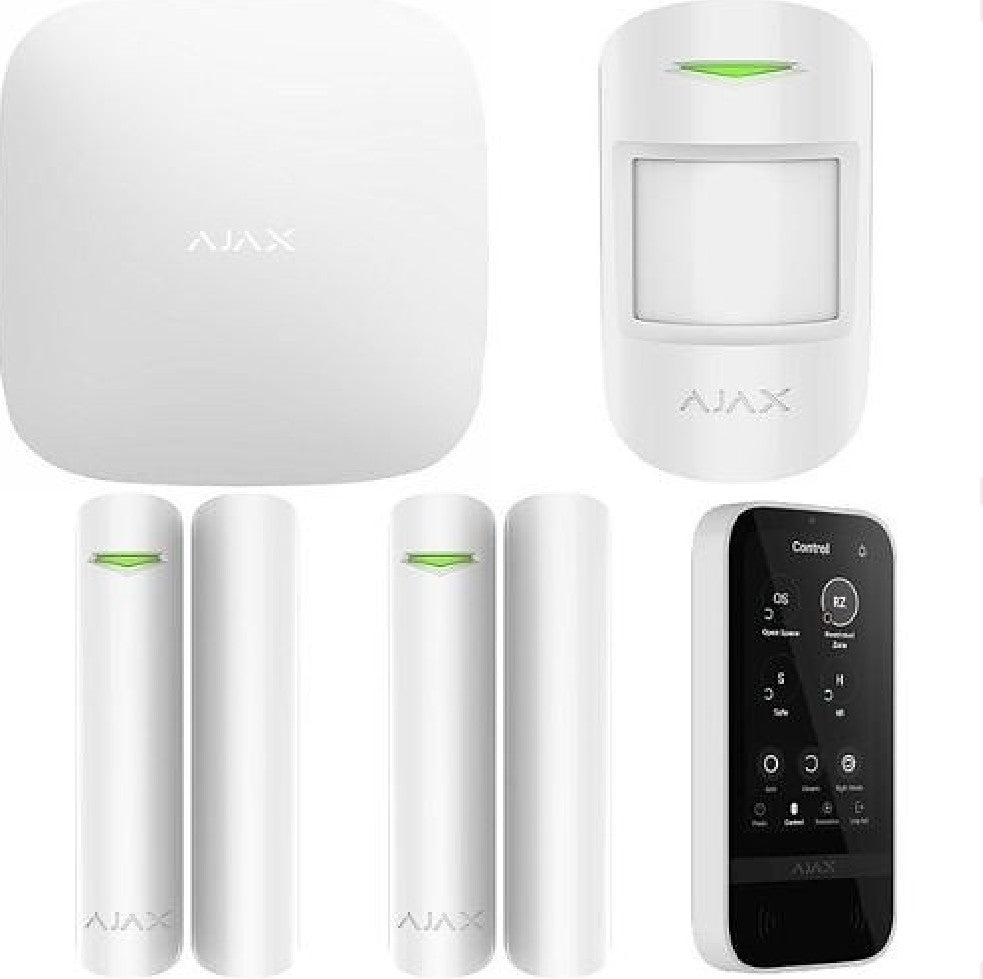 AJAX Intrusion Kit with (1) Hub 2 Jeweller Control Panel, (1) MotionProtect Jeweller Detector, (2) DoorProtect Jeweller Opening Detector, (1) KeyPad TouchScreen Jeweller, White