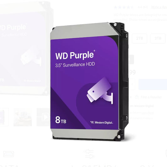 Western Digital WD Purple 8TB Surveillance Hard Drive – 3.5" SATA 6 Gb/s, 256MB Cache for NVR & DVR Systems