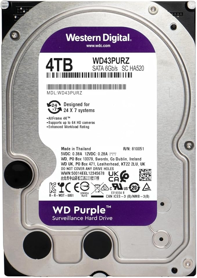Western Digital 4TB WD Purple Surveillance Internal Hard Drive HDD - SATA 6 Gb/s, 256 MB Cache, 3.5"